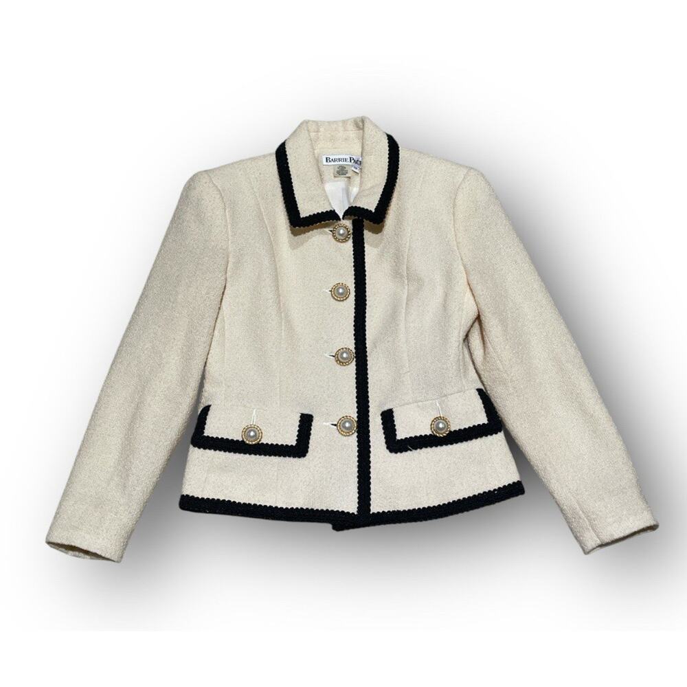 VTG BARRIE PACE Preppy Faux Pearl Button Wool Contrast‎ Trim White Cream Sz 2P